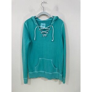 American Eagle Outfitters Hoodie Womens Small French Terry Lace Up Neck Green‎